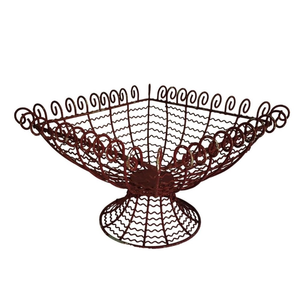 Vintage French Country Farmhouse Wire Pedestal Basket Square Scroll Shabby Chic